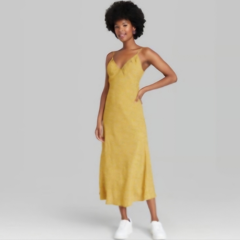 Wild‎ Fable Cottagecore Midi Slip Dress V-Neck Open Back Yellow Blue Floral